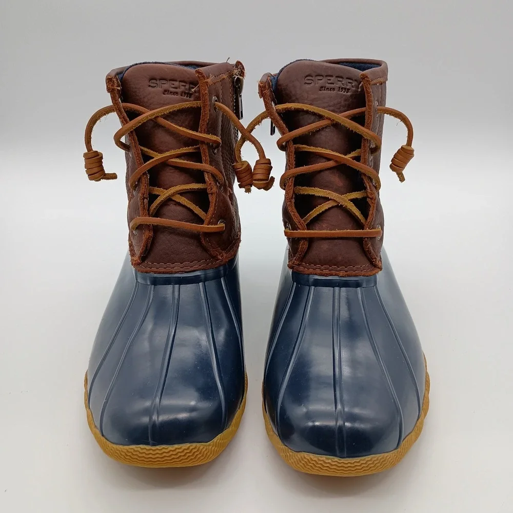Sperry Saltwater Duck Boots Navy Brown Waterproof Rain Boots STS91175 Womens 8 M
